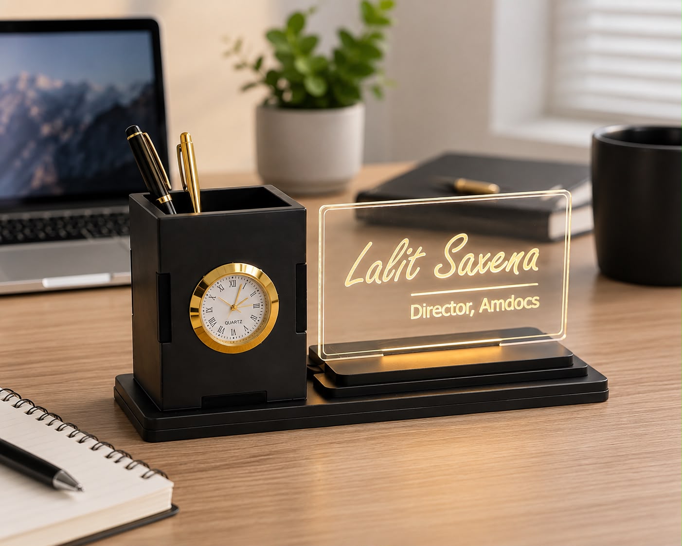 ✨ LED Acrylic Desk Name Plate with Clock &; Pen Holder ✨